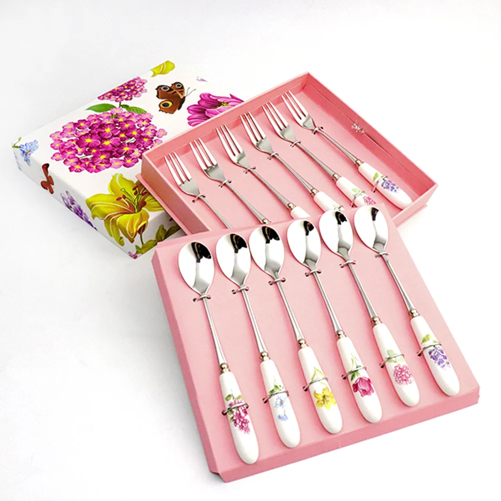 High Quality 12 PCS Spoon and Fork Sets Ceramic Handle Stainless Steel Cutlery Tea Forks Spoons