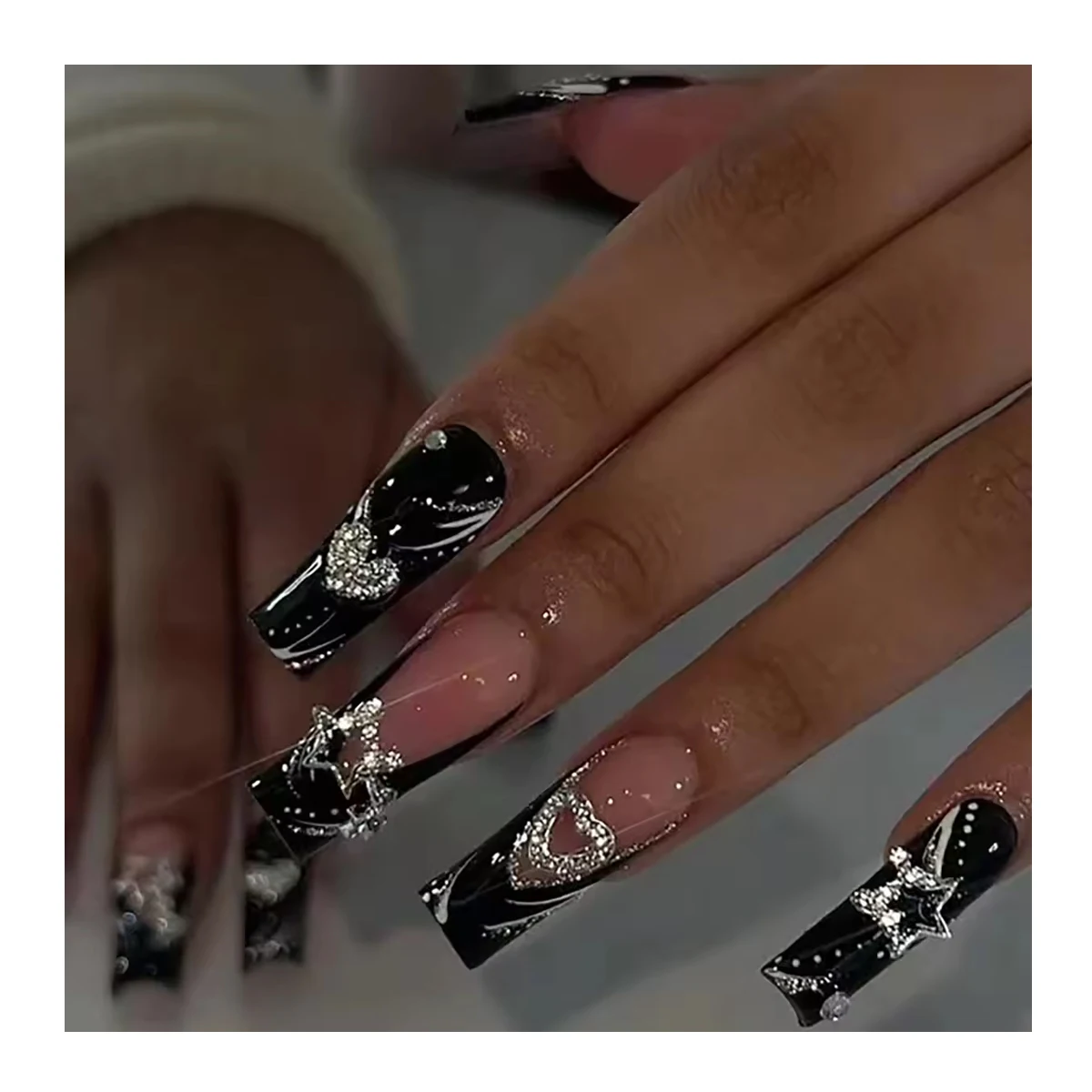 Newest Luxury Black Colorful DIY Artificial Fingernails False Nails With Crystal Acrylic Handmade Press On Nails Long-lasting