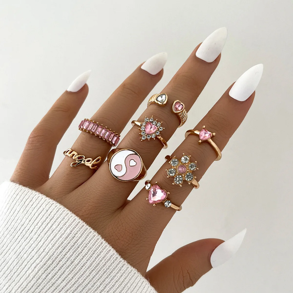 Luxury Rhinestone Pink Heart Rings 8pcs/set Yin Yang Rings Fashion Knuckle Rings Set