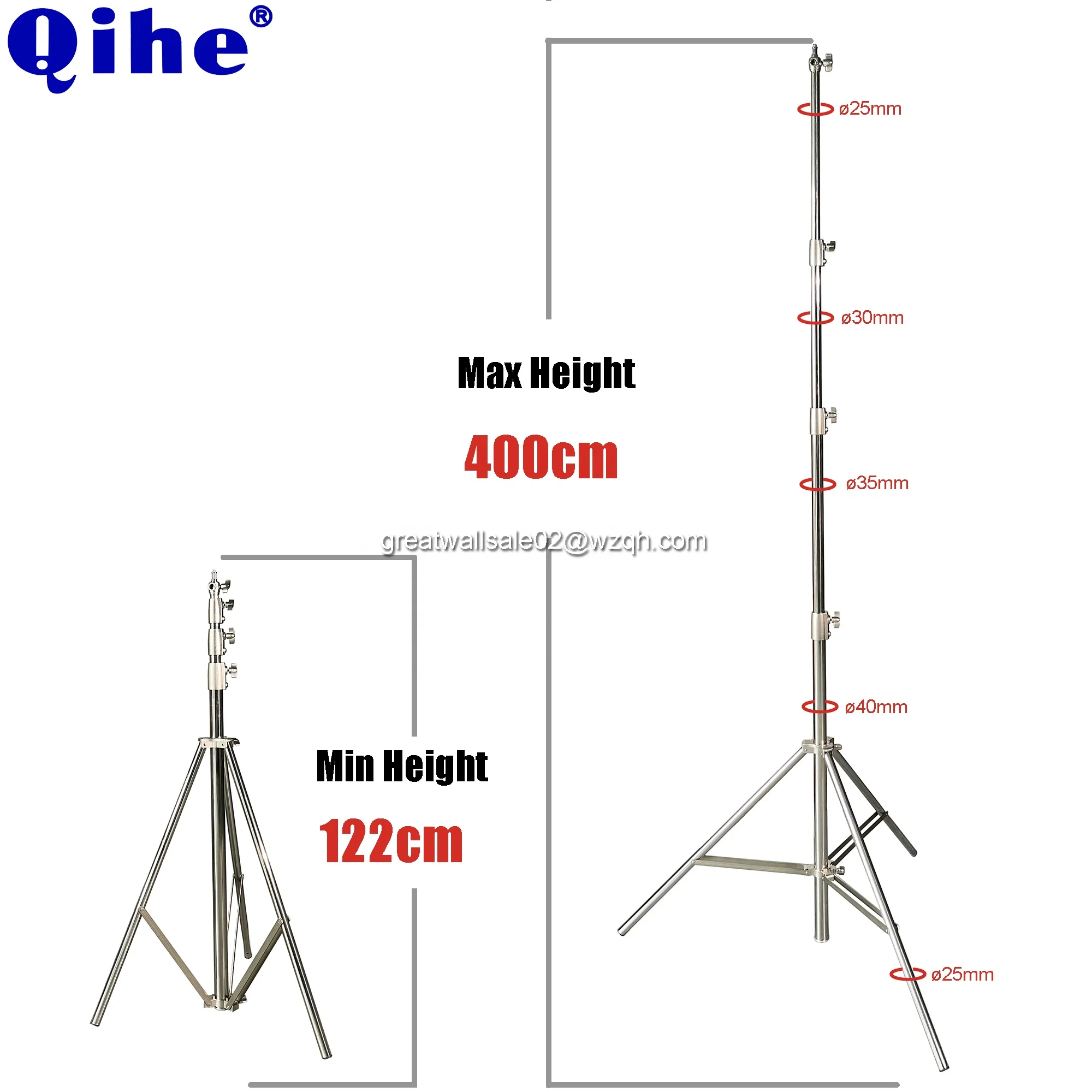 QIHE  QH-J388S,4m Stainless Steel Light Stand, 4 Section,Dia.40/35/30/25mm,10KG Max Load