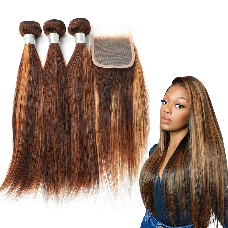 Mayqueen Hair Vendor Ombre Honey Brown Perruque Naturel Bouncy Hair Waves Bundles and Lace Closure Set Cheveux Humain Human Hair