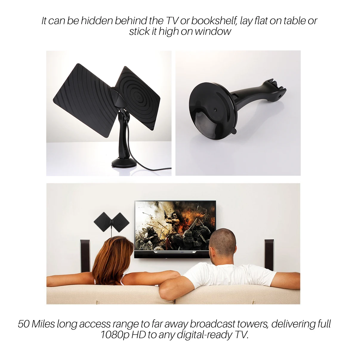 360 Degrees Rotatable 1080P Digtial HDTV Antenna 50 Miles Range Indoor Flat TV Antenna