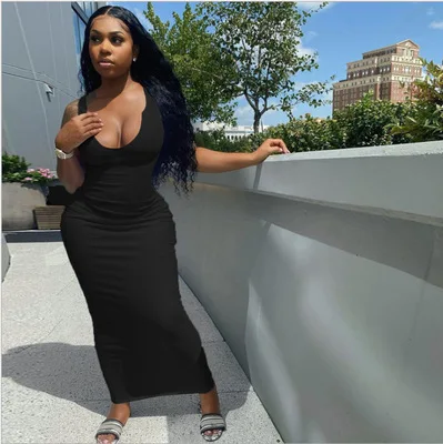 
Custom Sexy V Neck Fashion Womens Clothing 2021 Wholesale Wrap Rib Skirt Long Solid Color Plus Size Club Dress Casual Summer 