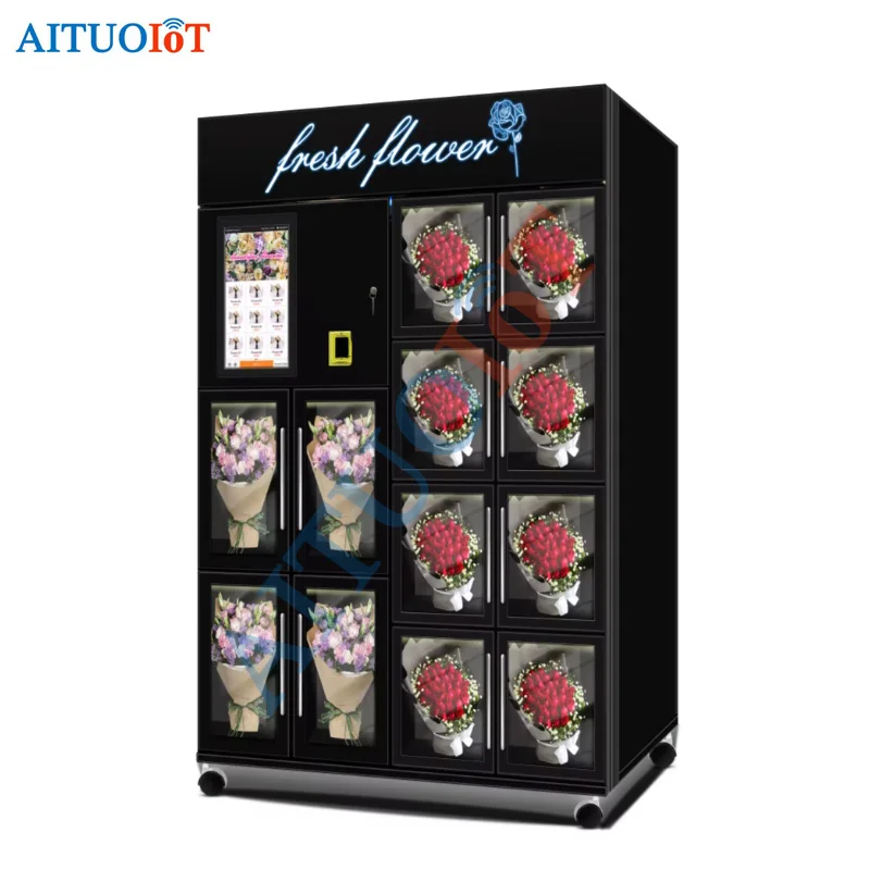 Black 12 Big Lockers HL-XHJ-Y-12A Touch Screen Flower Vending Machine with Coin Payment System Refrigeration Fresh Flowers