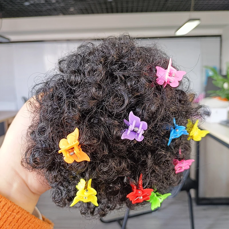 Fujia two pieces in one pack marley kinky hair buns afro puff with elastic and flower clips  for girl kids