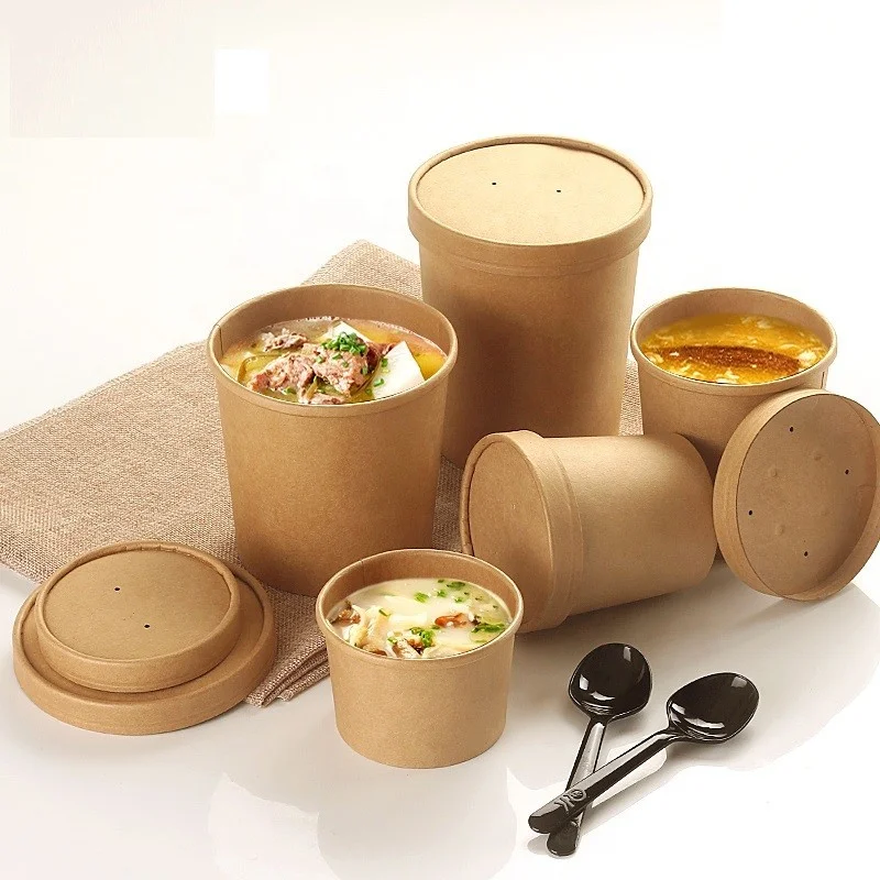 Disposable Kraft Paper Soup Bowl To Go Hot Soup Bowls Heavy Duty Ice Cream Paper Cups With Vented Lid For Hot Cold Food