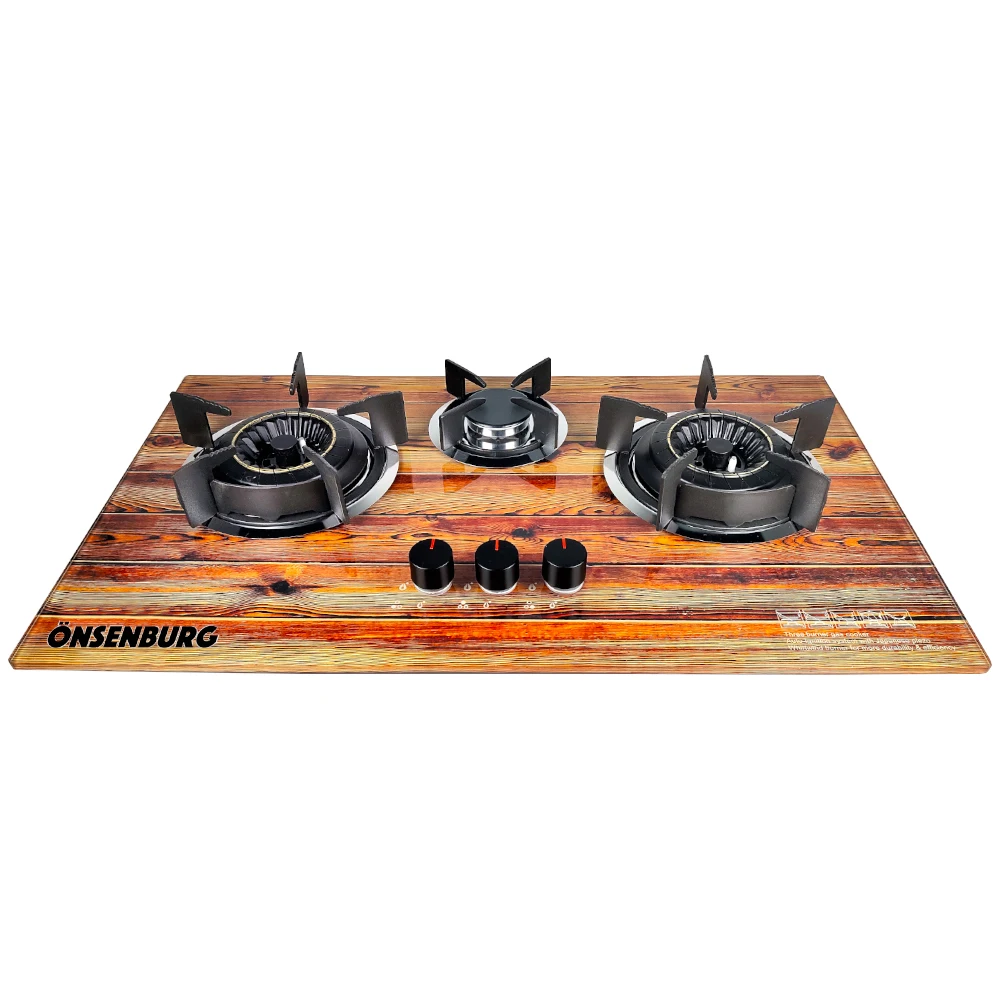 Hot Sale 3 Burner Wood Grain Recessed Tempered Glass Gas Stove With Custom Patterns