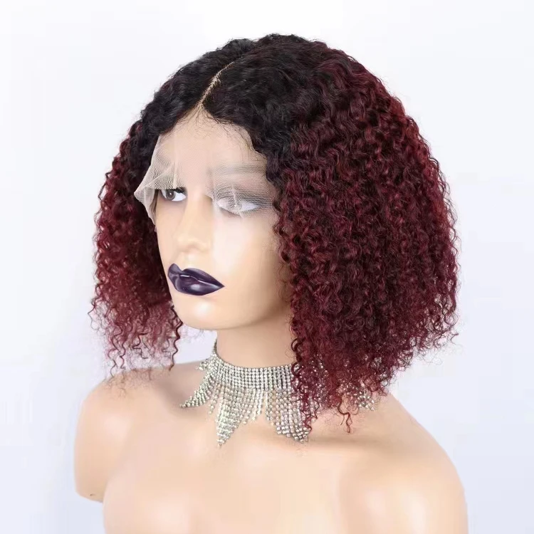 180% density T part lace color wigs 14 inch kinky curly bob wig 100% human hair wigs