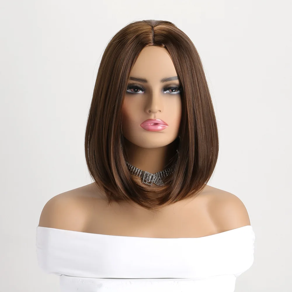 Heat Resistant Party Costume Wig Brown Black Straight Synthetic Hair  Short  Bob  Wig