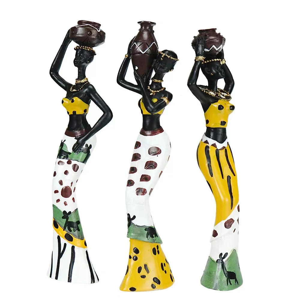 Resin Creative Exotic Figurines 3 Sets of African Women Black Retro Statue Tabletop Ornaments Resin Crafts