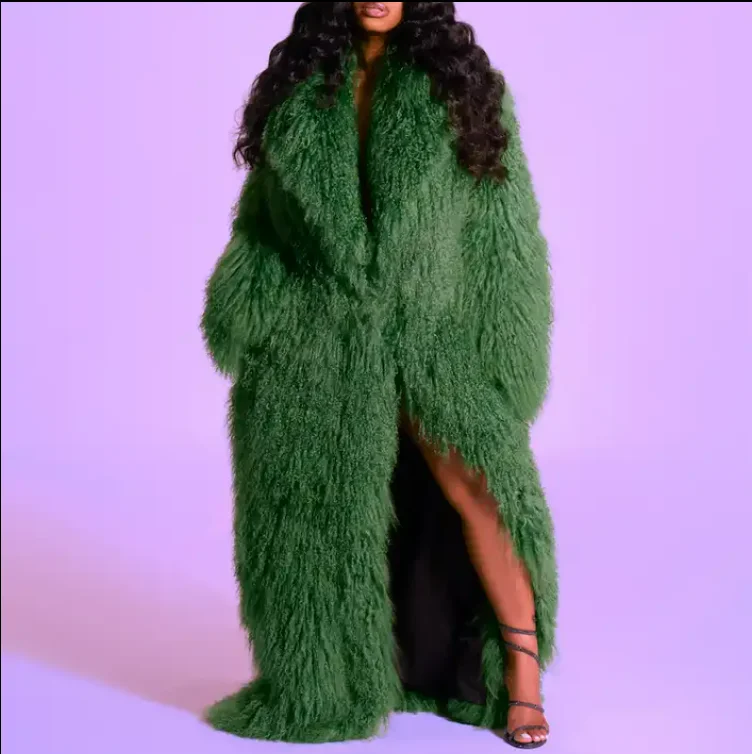 Colorful Factory Price Custom Winter Warm Cashmere Women Wool Coat Luxury Mopping Style  Fur Coat Women Long Faux Mongolian Lamb