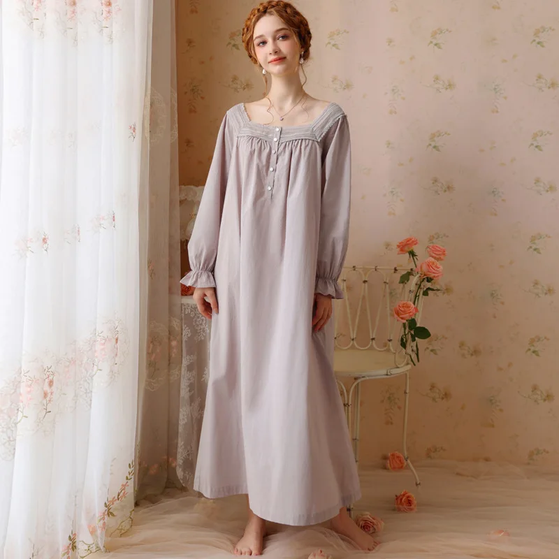 French Princess Cotton Solid Lace Nightgown for Girls New Pure Desire Style Loose Long sleeved Long Court Pajamas