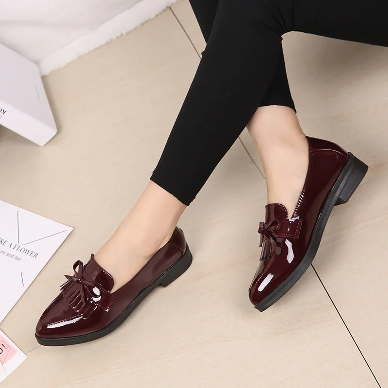 PDEP best selling patent leather ladies casual shoes bow soft pu wine red color flat loafers shoes for women