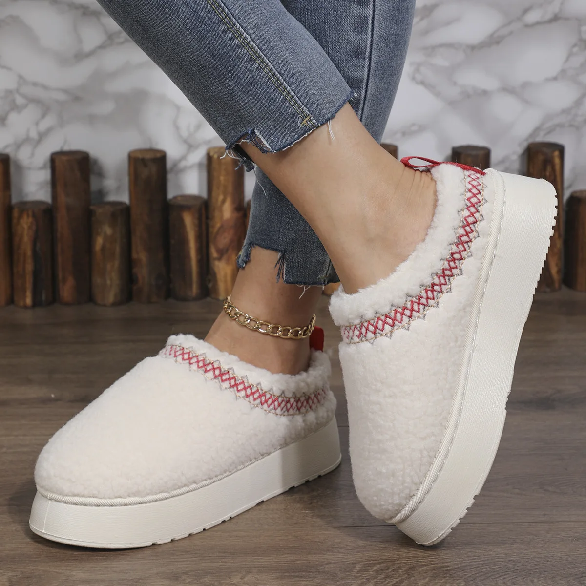 Net Celebrant Lamb Wool Snow Boots Puffin Toe Autumn Winter New Thick Bottom Ankle Height Warm Non-slip Fur Insole Material PU