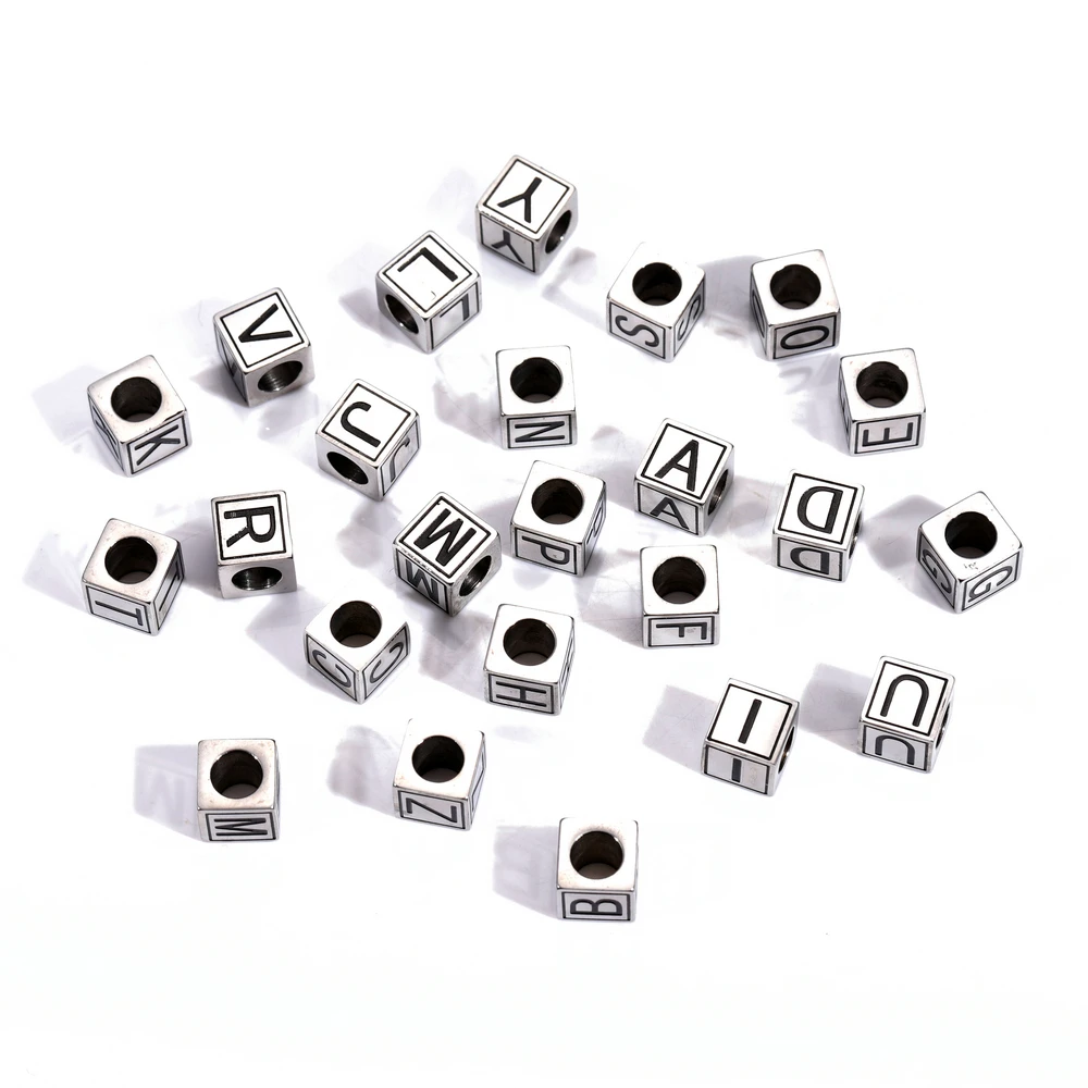 Stainless Steel High Polished Black Letter Square Cube Beaded Engraved Letter Alphabet Charm Beads For DIY Jewelry Accessories