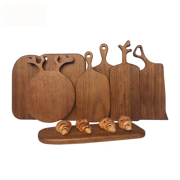 Wholesale customizable individual deer horn shaped engraving acacia wood cutting board bread pizza serving tray with handle