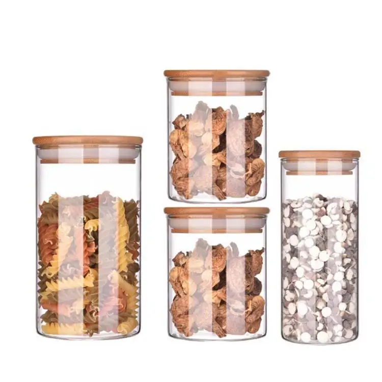 P3HT3 Modern Kitchen Organizer Storage Glass Jar Bottle Sealed Borosilicate Glass Food Storage Container With Bamboo Wood Lid BS