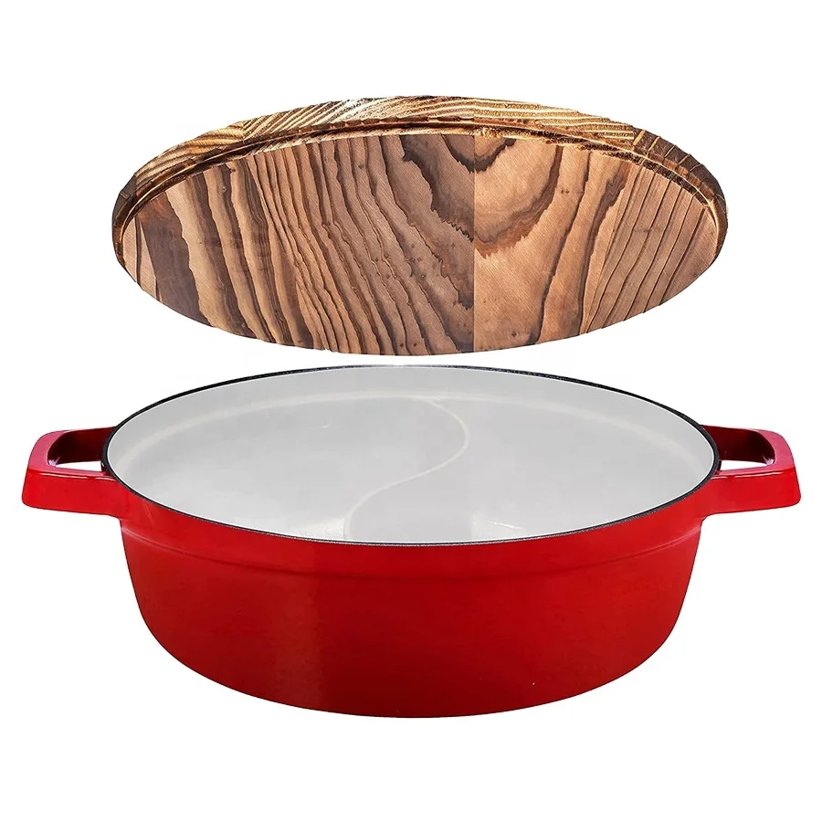 Чугунная эмалированная антипригарная Кастрюля shabu hot pot суповая кастрюля с разделителем и деревянной крышкой