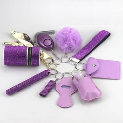 Bling Rhinestones Women Self-defense Set 10pcs Wholesale Furry Ball Lipstick Wallet Alarm Personal Safety Protection Keyring