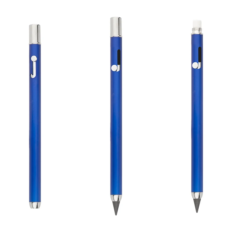 Blue Custom COLOR LOGO Mechanical Press Eternal Pencil Student Pencils Erasable Stainless Steel Inkless Pens with Eraser Top