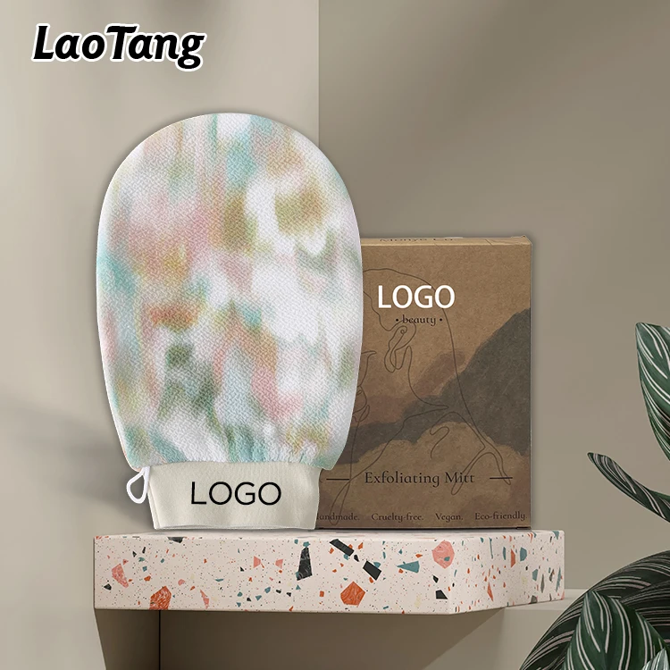 Custom Logo And Printing OEM Viscose Skin Friendly Moroccan Kessa Hammam Bath Scrub Exfoliating Mitt