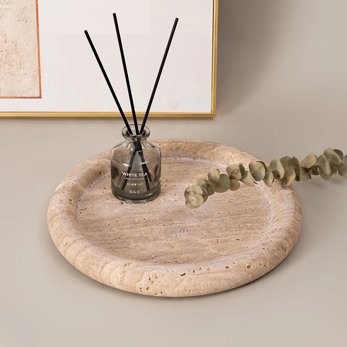 Trending Beige Travertin Serving tray bathroom home decor vanity tray decorative Amenities Plate Jewelry Round Accessories tray