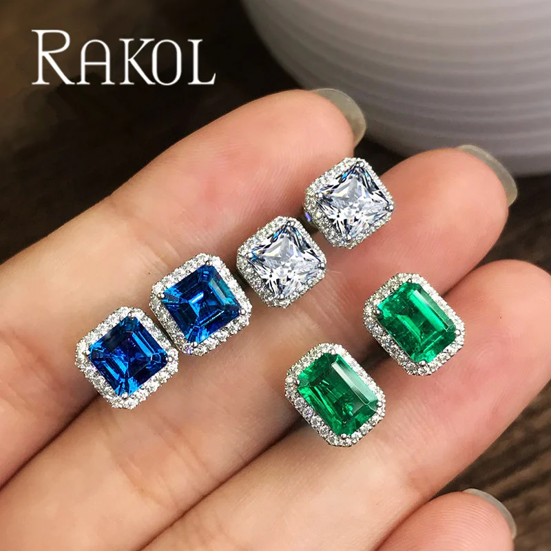 RAKOL ZPE8891 Oval Gemstone Square Diamond Stud Earrings Silver Plated Full Of Cubic Zircon Insert Studs Earrings