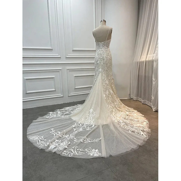 Класса люкс ручной работы изготавливаемая на заказ Vestido De Boda сирена Boho кружева аппликация в виде сердца к требованиям заказчика; Сверкающие; Свадебное платье Русалка с аппликациями короткое спереди и длинное сзади бисером свадебное