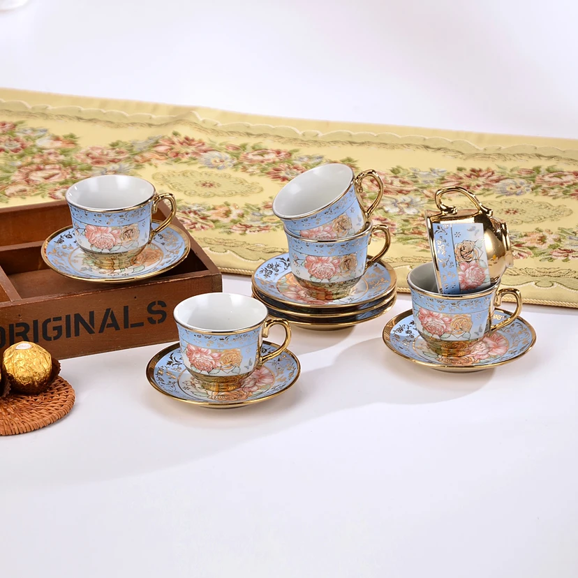 Delicate Bone China Coffee Cup Set European Vintage Tea Cup Tea Kettle Saucer Ceramic Gift box tea set