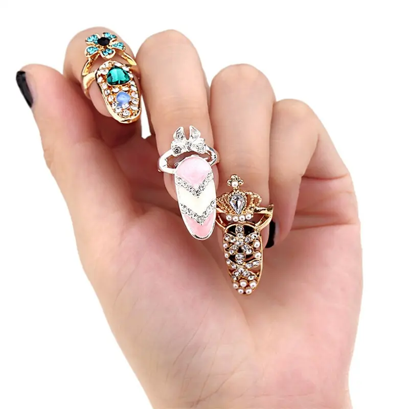 SC Hot Sell Women Knuckle Ring Jewelry Luxury Rhinestone Protective  Nail Ring Charm Crown Flower Bowknot Finger Nail Ring