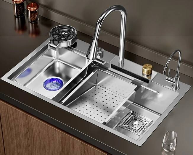 Discount Luxury Anti Scratch LED Digital Display Waterfall Kitchen Sink Silver Carton Box Stainless Steel Muller Modern Brushed