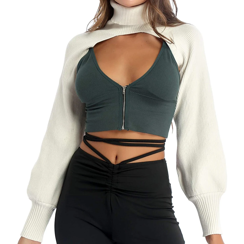 
2021 hot sale sexy solid ladies clothing fashion women high collar long Puff sleeve sweater knitwear pullover crop top 