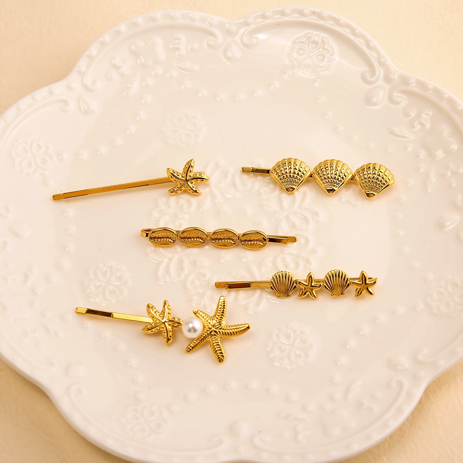 18K PVD Gold Plated Starfish Shell Hair Clips Hair Accessories Non Tarnish Stainless Steel Pearl Hair Clip For Women