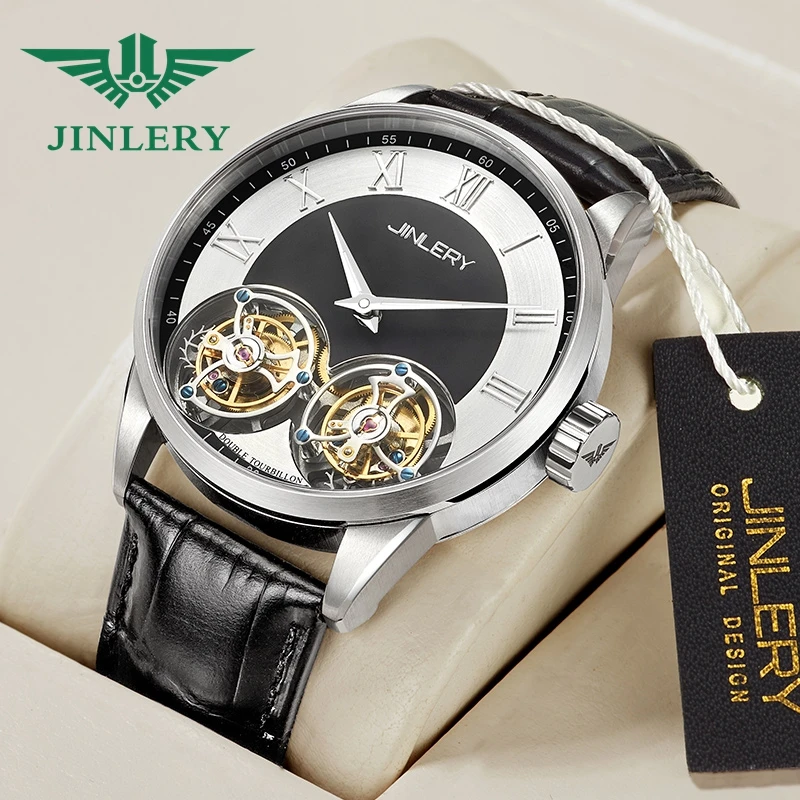 Jinlery двойной турбийонный спуск водонепроницаемый светящийся указатель двойной турбийон механические часы для мужчин
