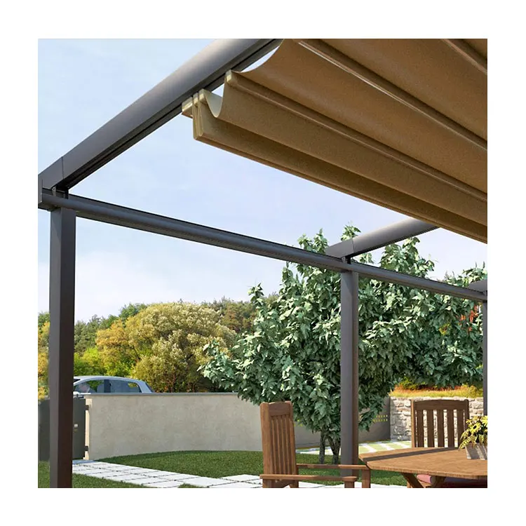 Guangzhou Motorised Bioclimatic Aluminio Fabric Pvc Sunshade Outdoor Pergola Roof with Textile Screen