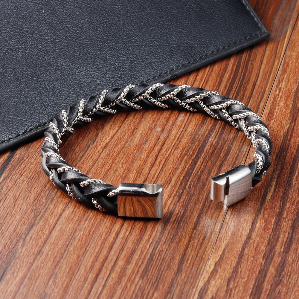 Cheap Wholesale Charm Black Leather Bracelet With 316L Stainless Steel Magnetic Clasp MultiLayer Leather Bracelets For Men