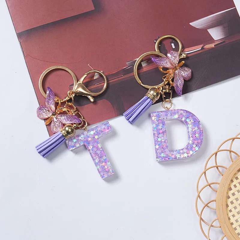 Fashion Alphabet Initial Letter Keychain Tassel Butterfly Pendant Key Ring for Purse Handbags Women Girl
