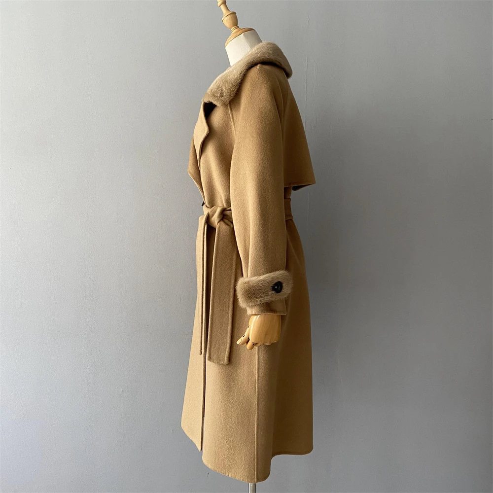 Soft Warm Slim Fit Long Style Double Faced Cashmere Coat Belt Luxury Women Winter Custom Logo Real Mink Fur Coat 100% Wool