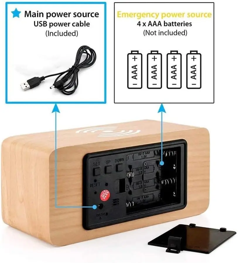 Digital Wooden Alarm Clock, 4-in-1 Multifunction, Bamboo and Wood,Wireless Charging Desk Clock,Wake up Light Sunrise Alarm Clock