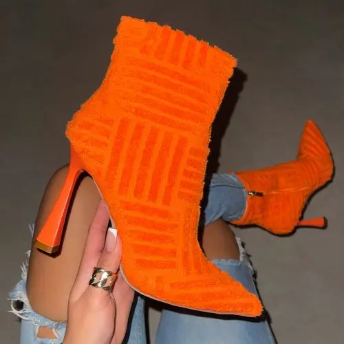 BSM1064 2022 new towel material high heel pointed toe white winter women ankle boots