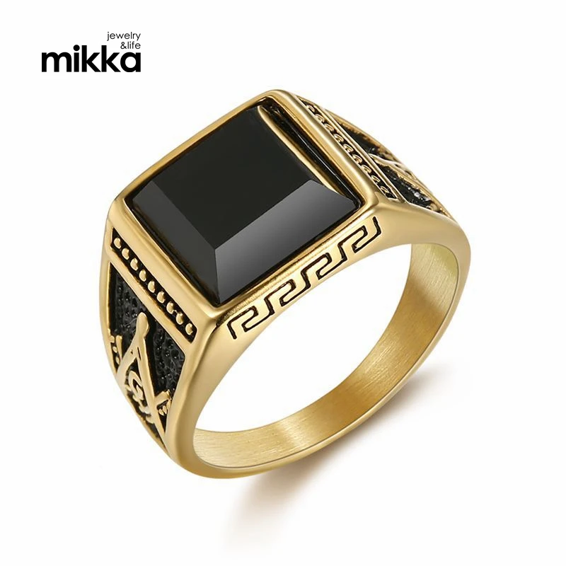 European Hot Sale Handmade Engraved Freemasonry AG Classic Rings Tarnish Free Titanium Steel Inlay Black Onyx Vintage Ring Men
