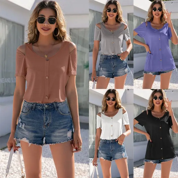 Women Front Button Crew Neck Off Shoulder Short Sleeve T-shirt With Logo Custom Logo Printed