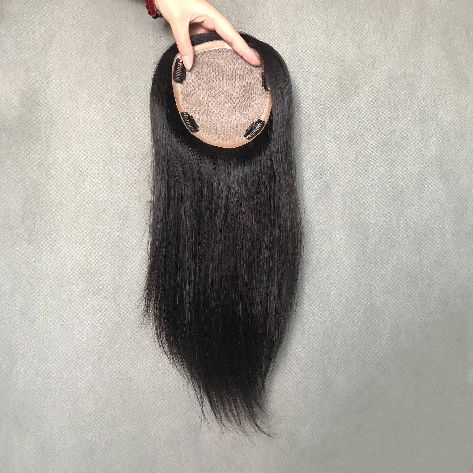 100% Human Hair Natural Color 14*16cm Straight Silk Base Central Parting Hair Topper Piece Hand Tied Topper For Women