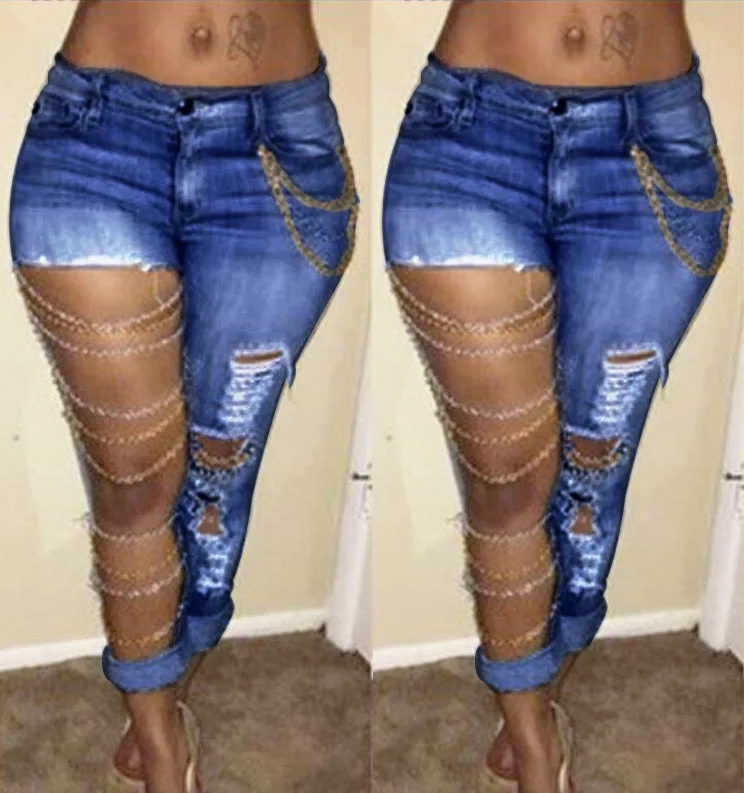 Fenyway  New arrival women skinny chain blue pencil pants fashion ladies ripped jeans