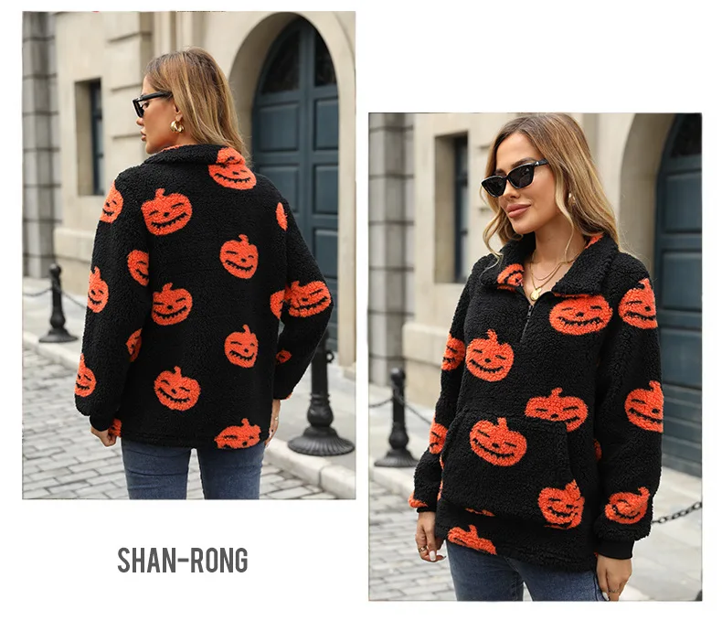 430gsm winter clothes for women rugby halloween pumpkin print hoodies pullover fur casual sherpa fleece half zipper hoodie