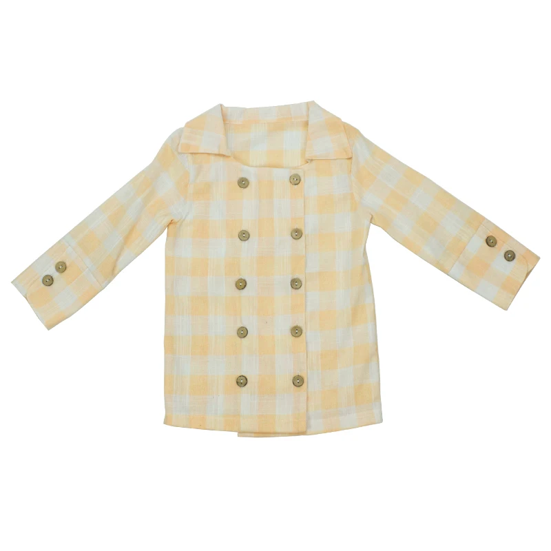 
Wholesale Comfortable Yellow Gingham Woven Buttons Long Sleeve Children Wear T-Shirts 