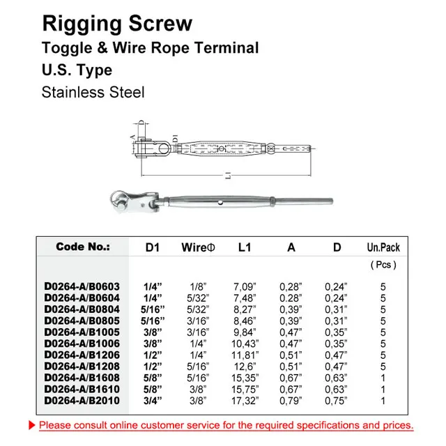 Нержавеющая сталь Такелаж винт тумблер и провода веревки терминал США Тип