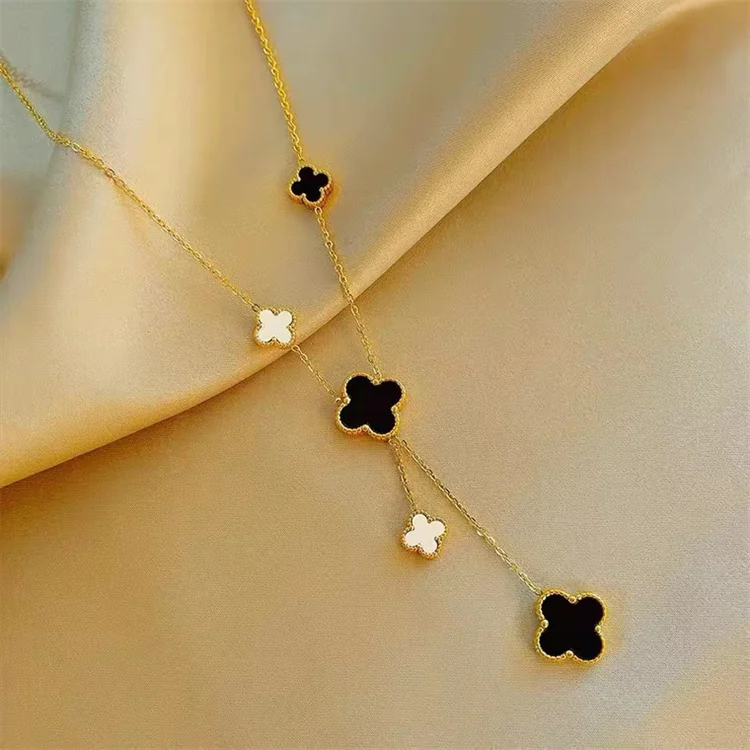 Multiple Hollow Four-leaf Flower Clover Necklace Short Black Shell Tassel Pendant Clavicle Chain Necklace