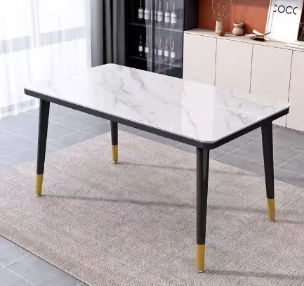 Good Price Living Room Hotel Apartment Use Simple Marble Dining Table Rectangular Iron Transfer Black Legs Luxury Dining Table