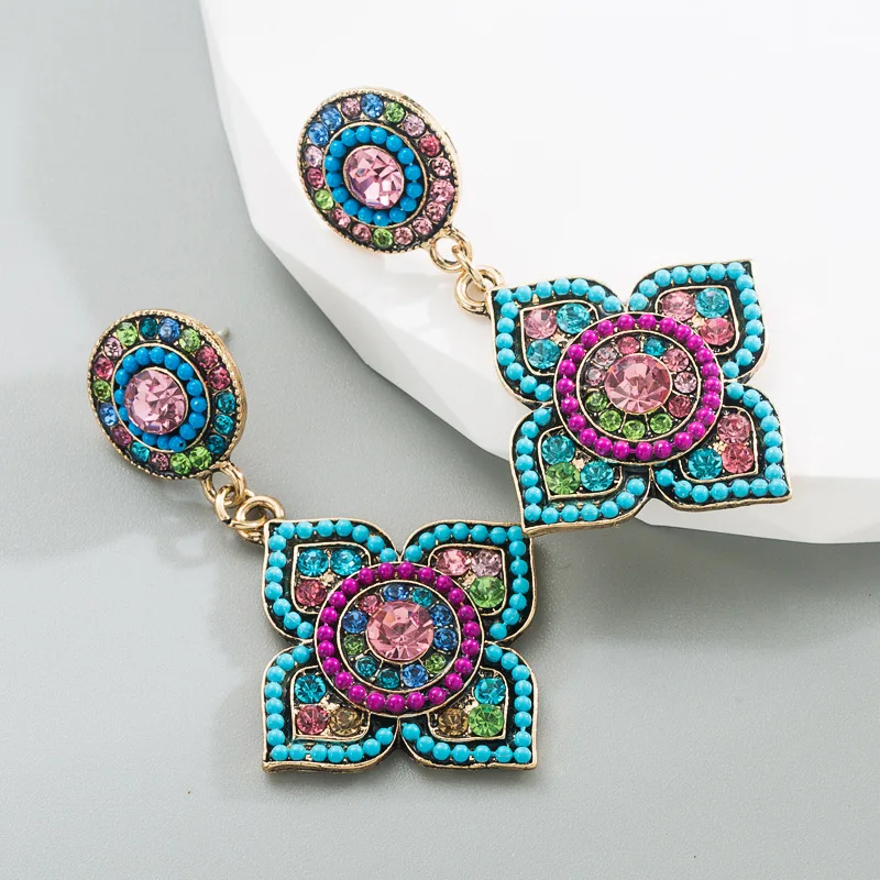 European and American ethnic fashion earrings retro palace style exaggerated colored diamond flower earrings